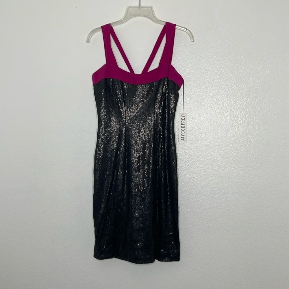 Jay Godfrey Black Sequin Stretch Mini Dress With Pink Straps Size 2 New